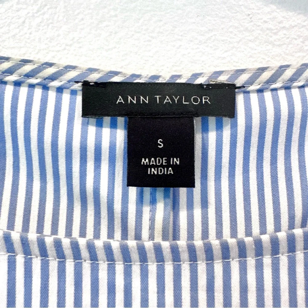 Ann Taylor White Blue Striped Ruffle Flare Sleeve Embroidered Blouse, Size s - Picture 8 of 8